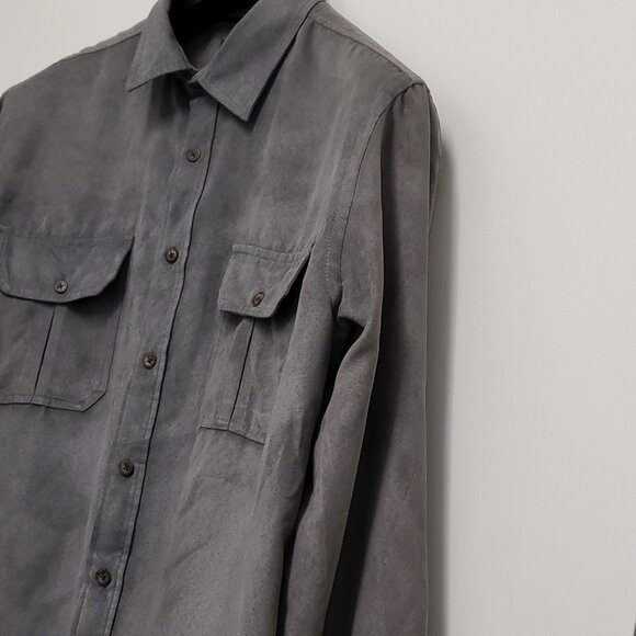 Basic Editions Shirt Faux Suede Mens Large Button Up Long Sleeve Lined Pockets - Picture 10 of 16